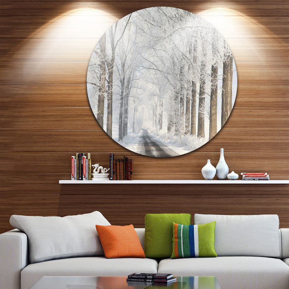 Road Through Frosted Forest, Landscape Photo Round Wall Art, 11"
