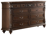 Nine Drawers Wooden Dresser With Molded Details, Brown