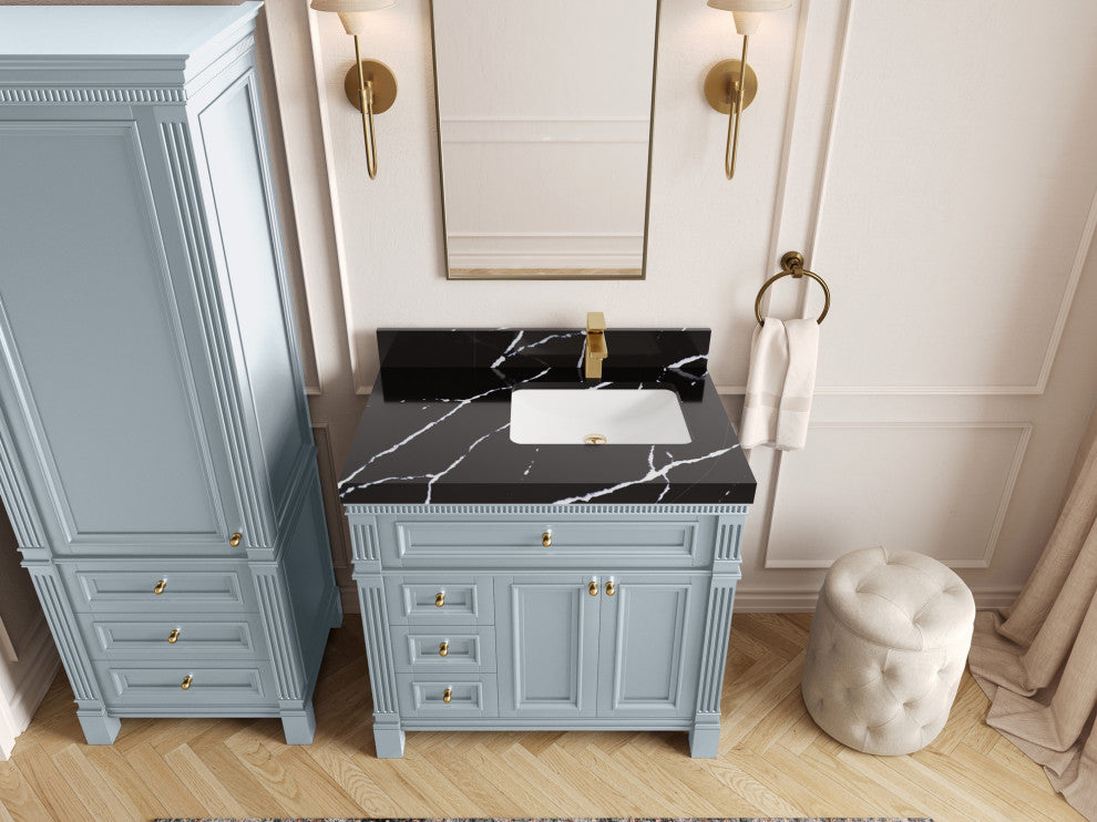 Paris 36" Right Offset Bathroom Vanity, Blue Heather 2" Calacatta Black