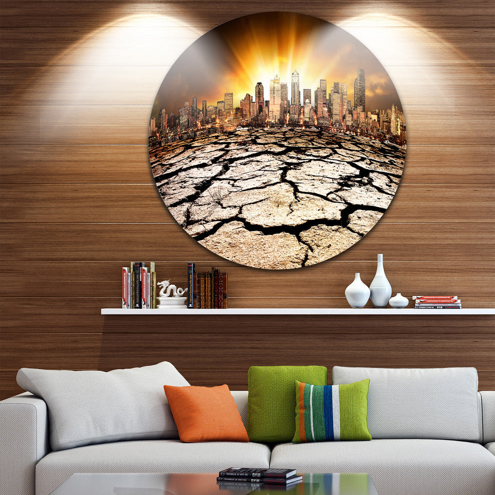 City With Effect Of Climate Change, Disc Metal Wall Art Landscape, 11"