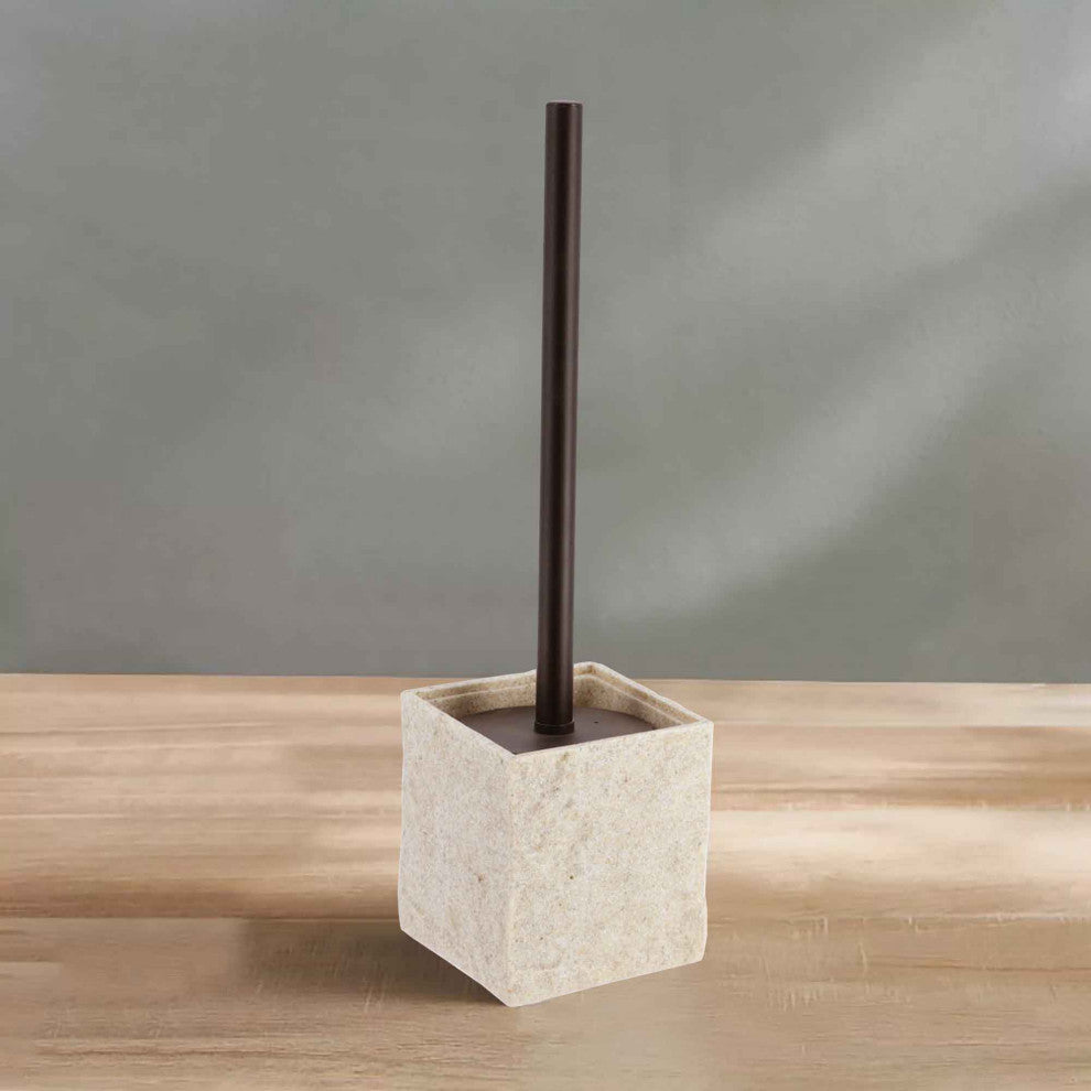 Modern Square Toilet Brush and Holder Set with Black Metallic Handle, Natural