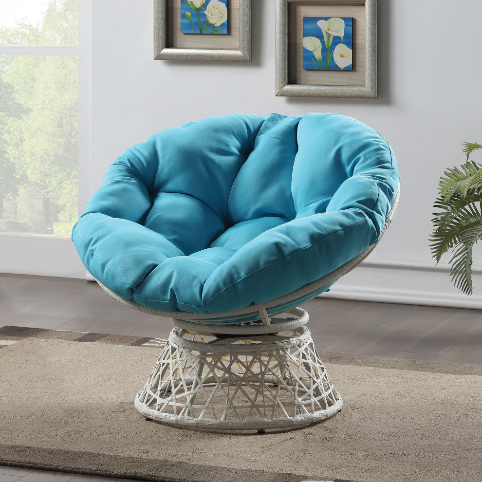 Papasan Chair With Blue Round Pillow Cushion and Cream Wicker Weave