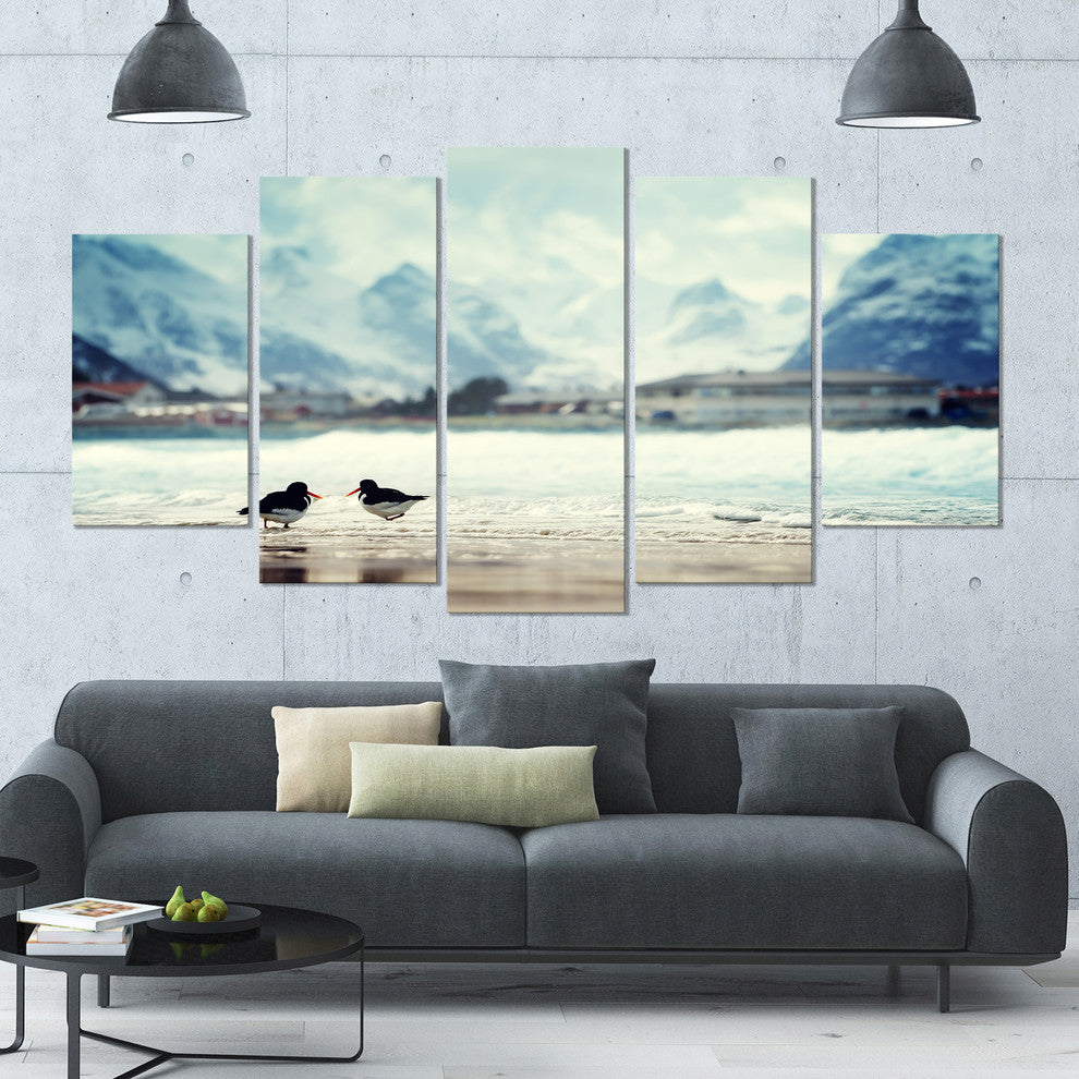 Birds and Mountain Peak, Seashore Wall Art on Canvas, 60"x32", 5 Panels
