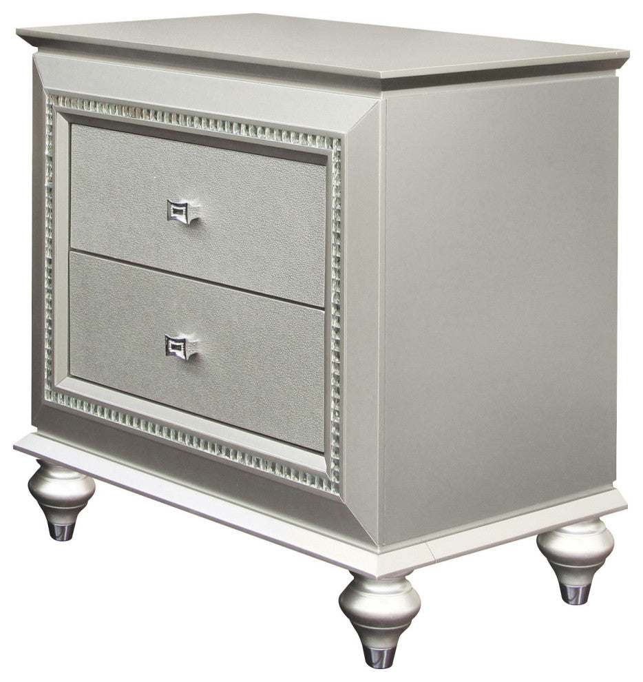 2 Drawer Spacious Nightstand with Mirror Beveled Pulls, Silver