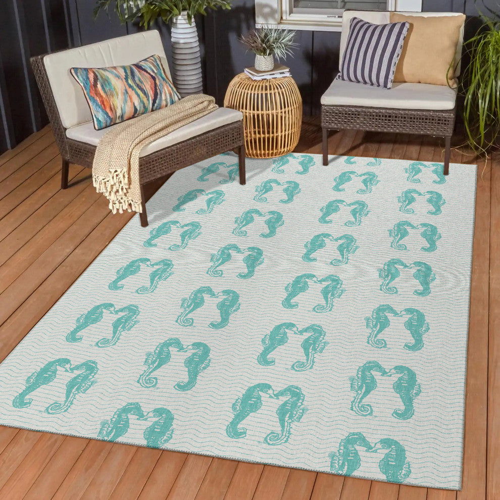 Indoor/Outdoor Seabreeze SZ15 Teal Machine Washable 3' x 5' Rug
