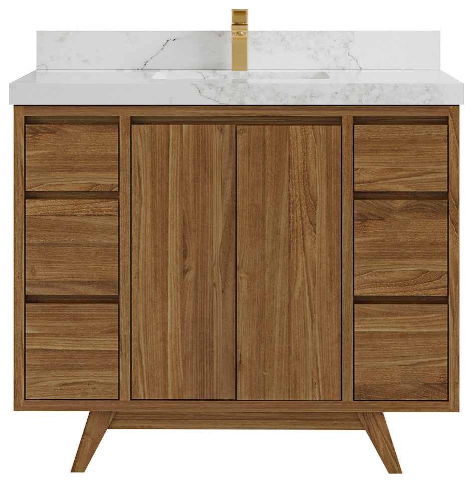 Madison Teak 42 Single Sink Bath Vanity in Dark Natural 2" Calacatta Nuvo