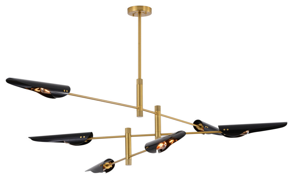 6-Light 82.6" Brass Metal Chandelier With Black Metal Shades