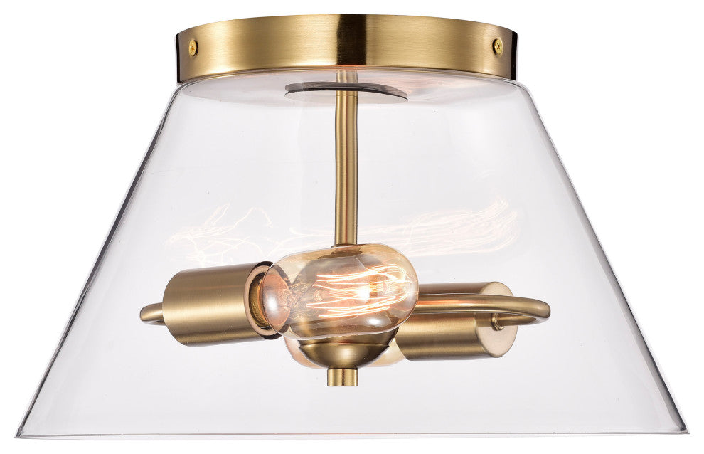 Dover 2-Light Small Flush Mount Fixture, Vintage Brass With Clear Glass