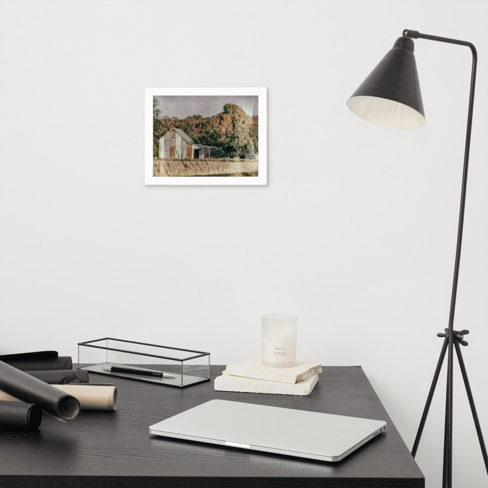 Patriotic Weathered Barn in Field Glass Plate Framed Photo Paper Wall Art Prints, White, 8" X 10"