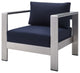 Sectional Sofa Chair Table Set, Sunbrella, Aluminum, Silver Blue Navy, Outdoor
