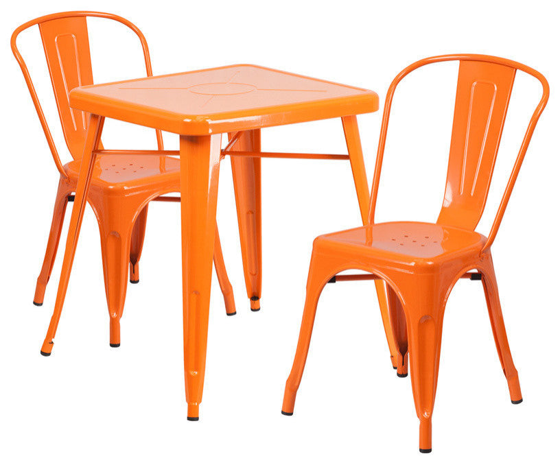 Metal Indoor-Outdoor Table Set With 2 Stack Chairs, Orange, 27.75"x27.75"x29"