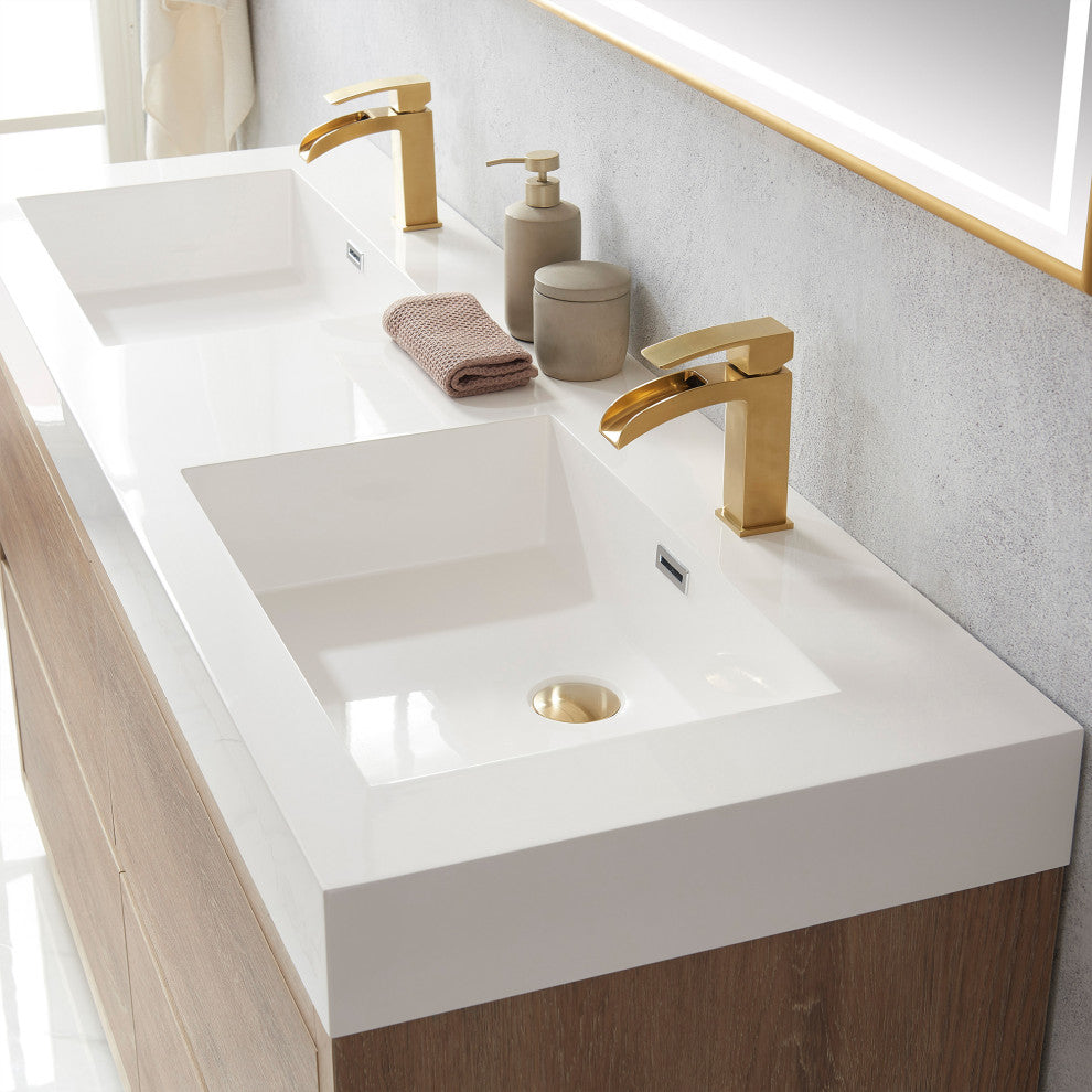 Huesca Bath Vanity, Integrated Sink Top, North American Oak, 60" Double Sink, With Mirror