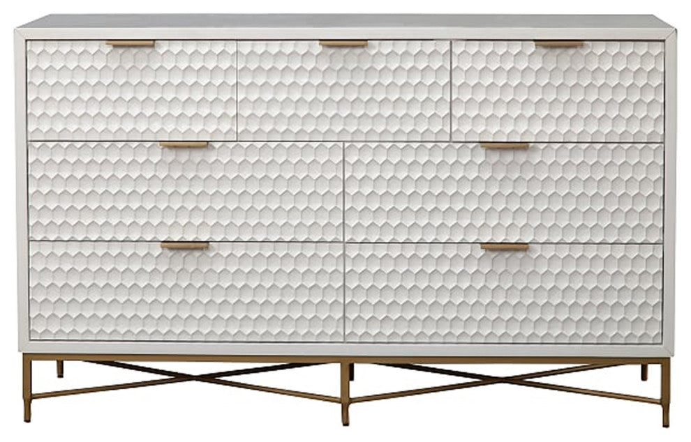 Benzara BM206686 Honeycomb Design 7 Drawer Dresser With Metal Legs, White