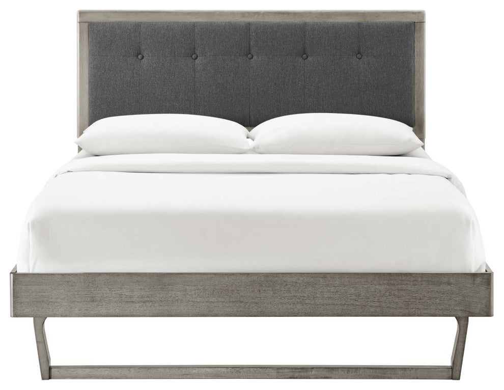 Platform Bed Frame, Queen Size, Fabric, Wood, Gray, Modern Mid-Century
