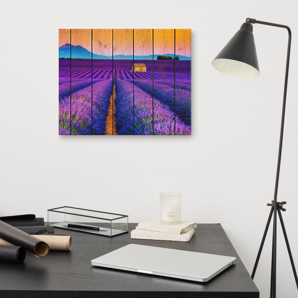 Faux Wood Lavender Fields and Sunset Landscape Canvas Prints, 16" X 20"