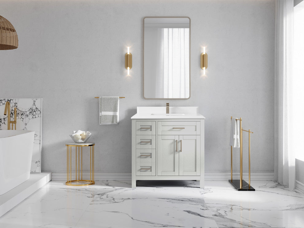 Cambridge 36 Center Sink Bath Vanity in Coventry Gray 1.5" White Quartz
