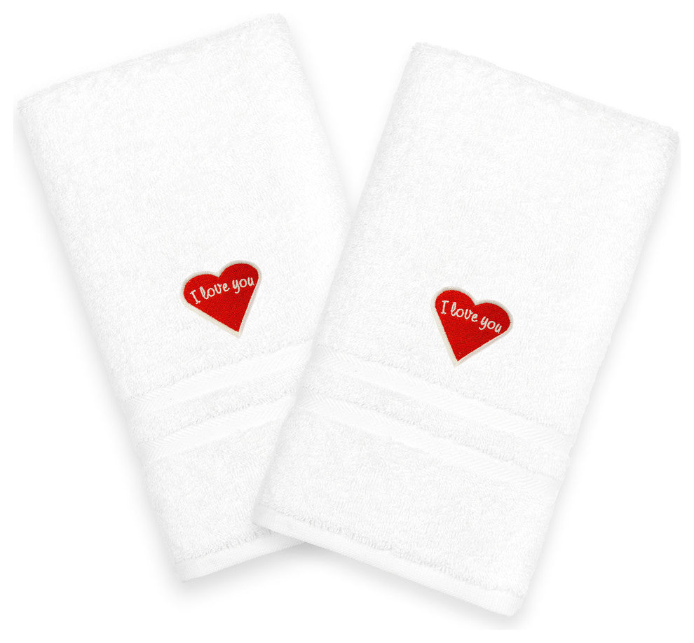 "I Love You" Embroidered White Hand Towels, Set of 2, Red Heart