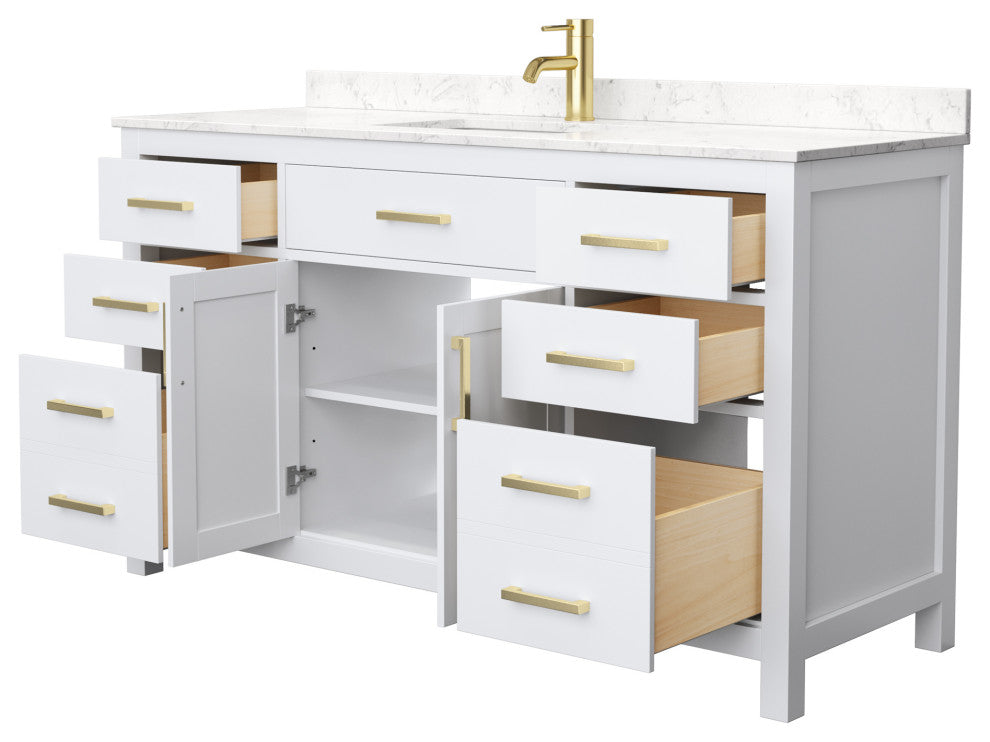 60" Single Bath Vanity White, Carrara Cult. Marble Countertop, Sink, Gold Trim