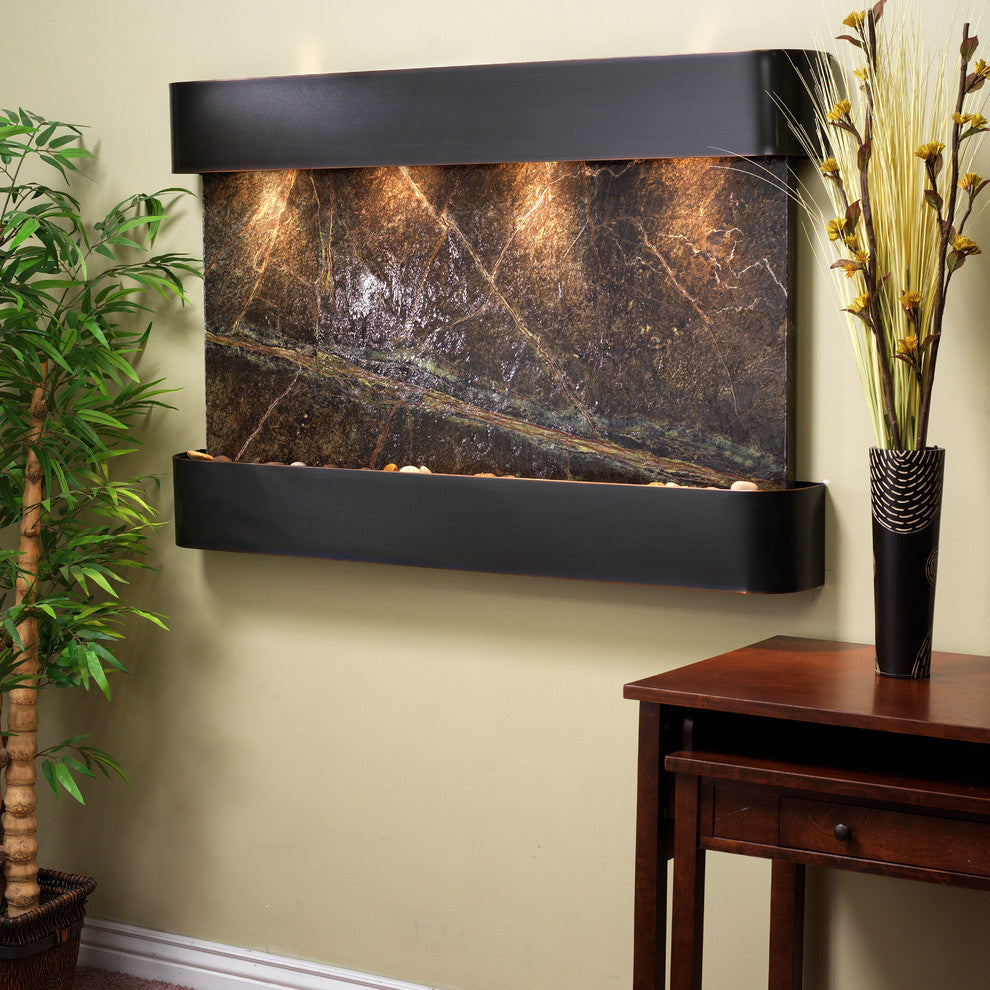 Sunrise Springs water fountain, Green Marble, Blackened Copper, Round