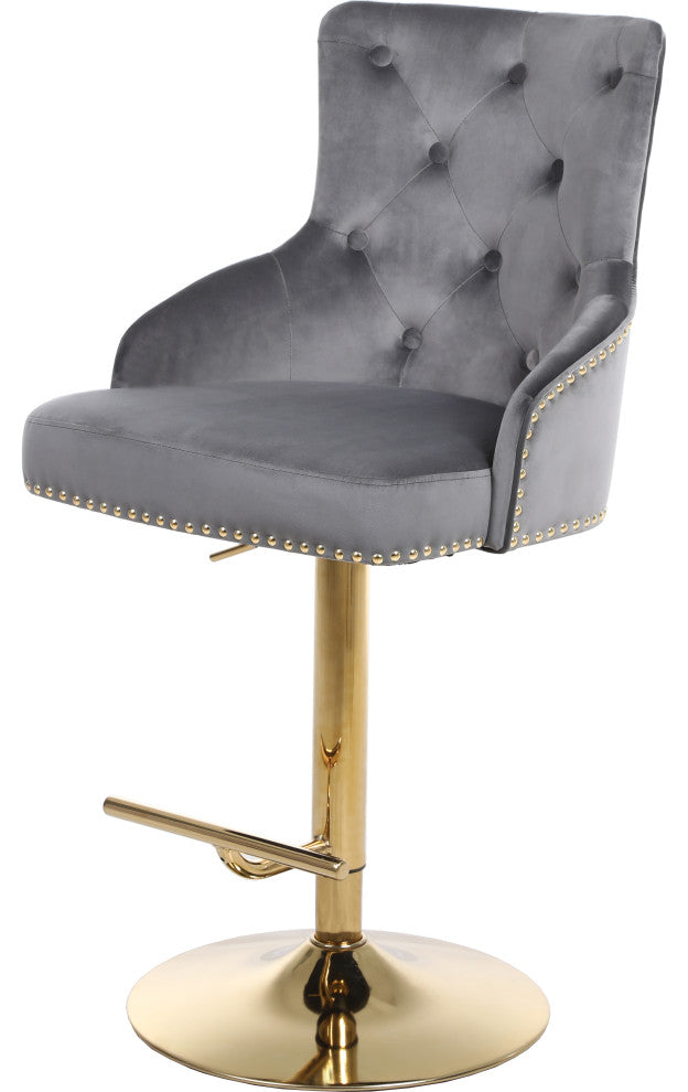Claude Velvet Upholstered Adjustable Stool, Gray, Gold Base