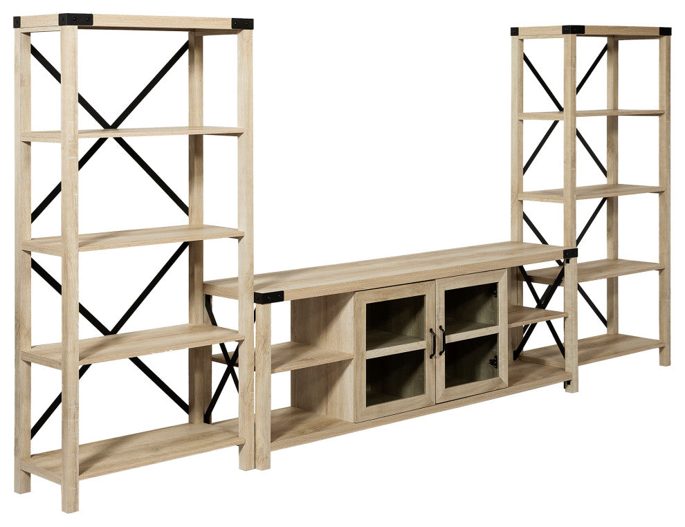 Metal X Accent Wall with 70" Glass Door TV Console - White Oak