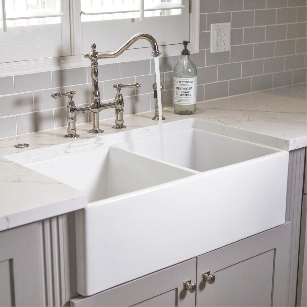 Austen Crisp White Fireclay 33" Double Bowl Farmhouse Undermount Kitchen Sink