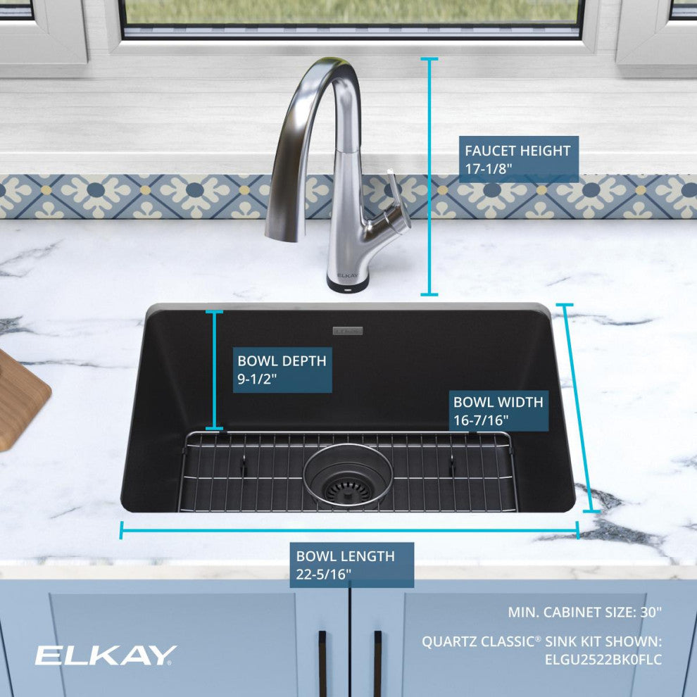 Quartz Classic 25" Undermount Sink Kit With Filtered Faucet, Black