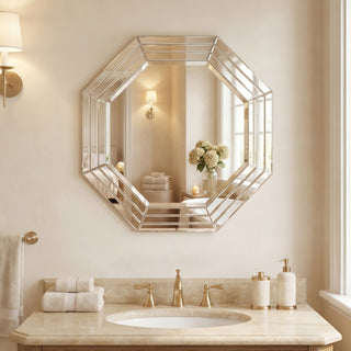 Beveled Multi Faceted Octagons Wall Mirror, 1" Beveled Center, Wood Frame