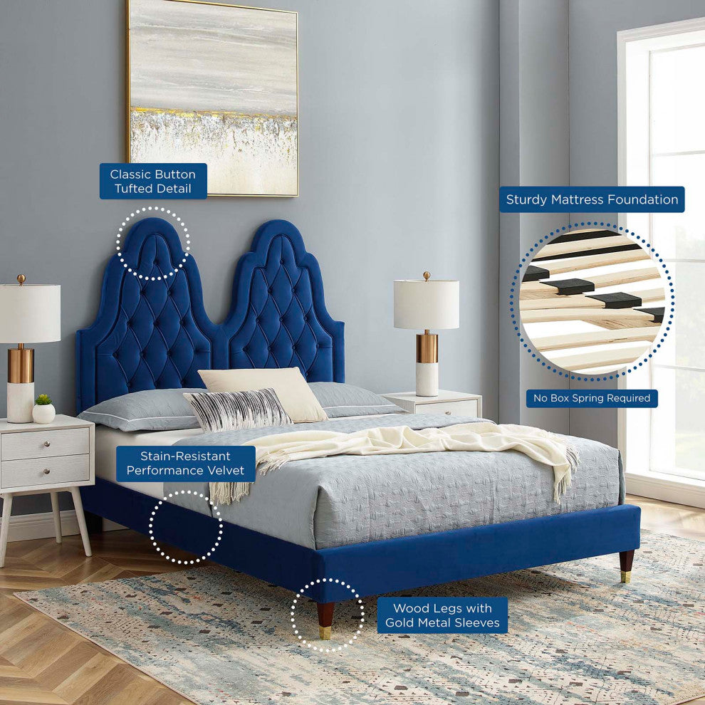 Tufted Platform Bed Frame, Twin Size, Velvet, Blue Navy, Modern Contemporary