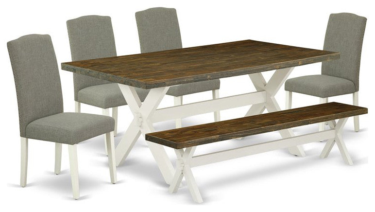 6-Piece Set Table and Color Small Bench and 4 Linen Fabric Chairs, Linen White