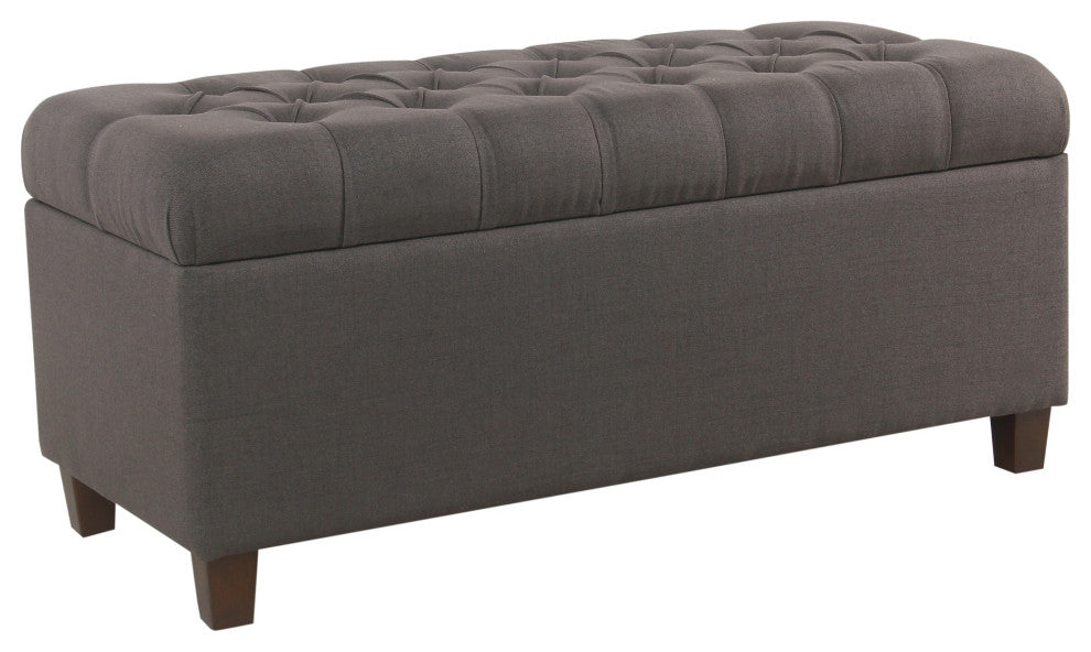 Benzara BM195768 Fabric Button Tufted Wooden Bench, Hinged Storage, Dark Gray