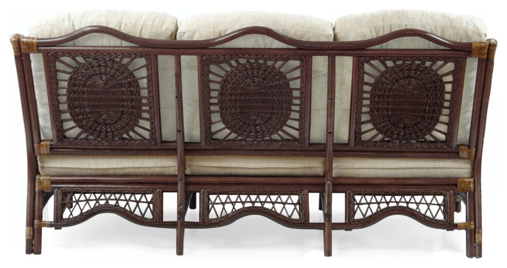 Malibu Handmade 3-Seater Sofa Natural Rattan Wicker, Dark Brown, Cream Cushion