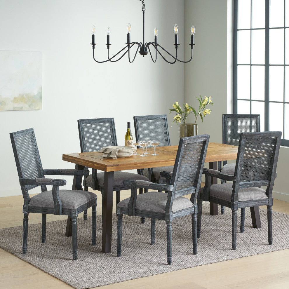 Marten Farmhouse Fabric Upholstered Wood and Cane 7 Piece Dining Set, Gray + Gray + Rustic Metal + Natural Stained