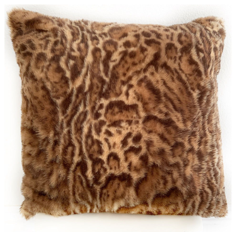 Plutus Brown, Beige Jungle Cat Animal Faux Fur Luxury Throw Pillow, 24"x24"
