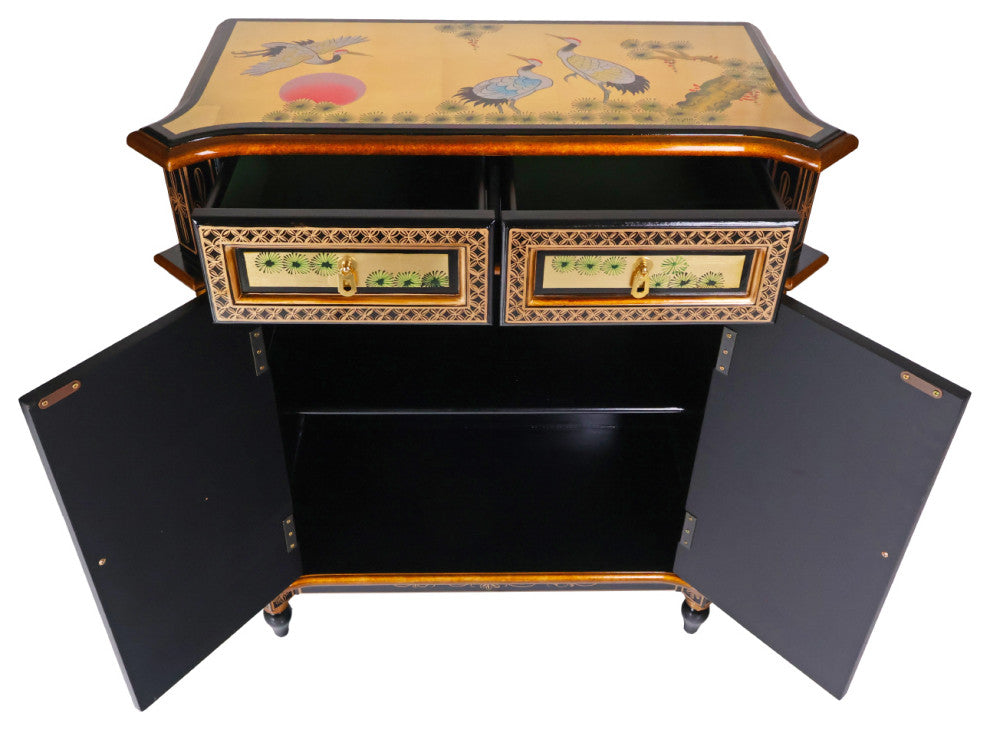 Empire Style Oriental Cabinet, Black lacquer With Gold Leaf Handpainted, 32"