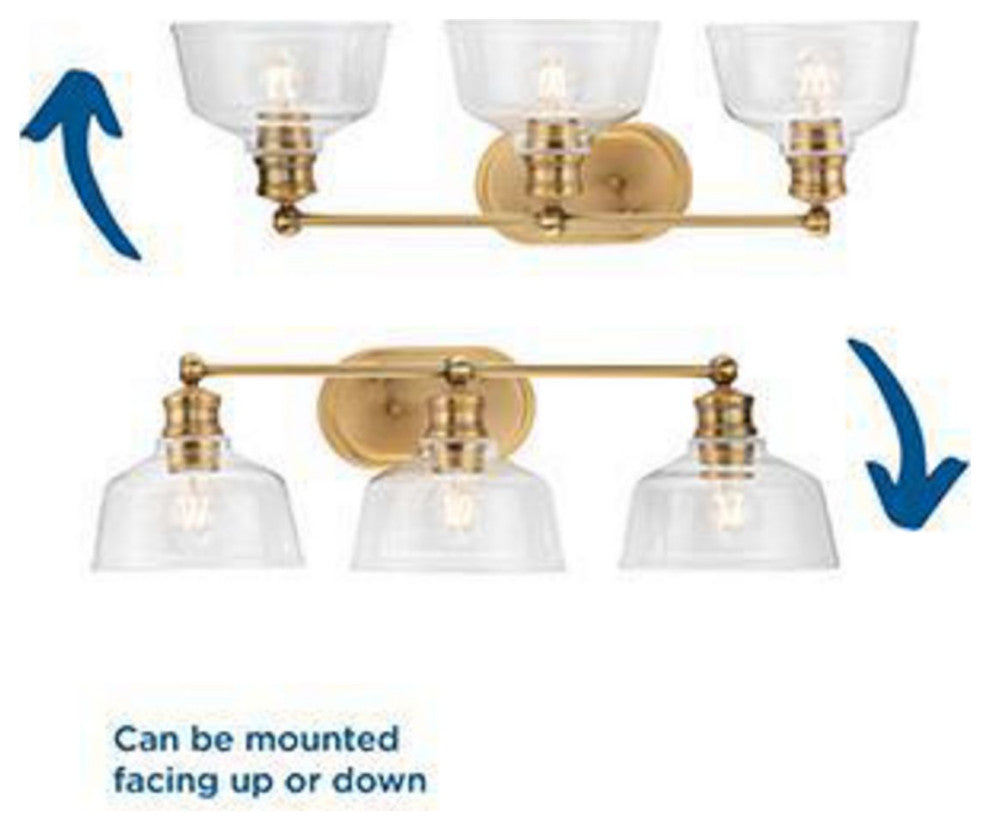 Singleton 3-Light 26.5" Vintage Brass Vanity Light, Clear Glass Shades