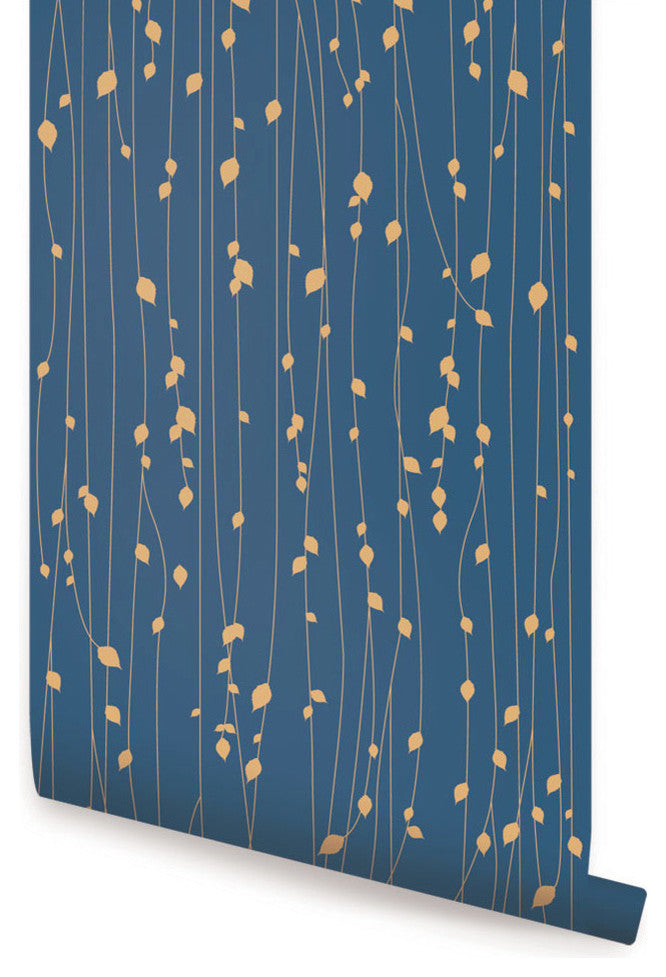 Leaves Peel and Stick Vinyl Wallpaper, Navy, 24" X 60"