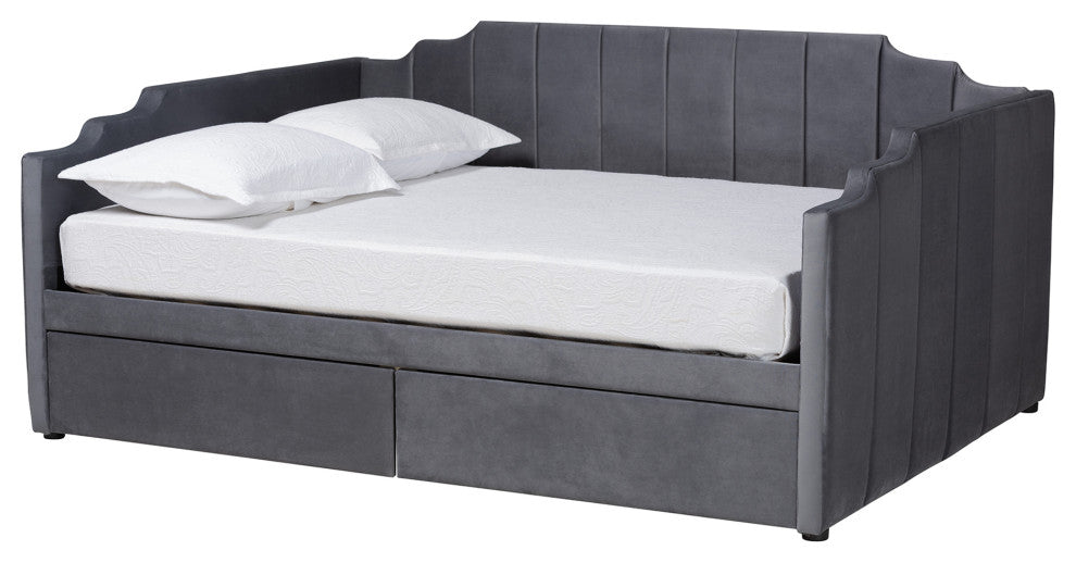 Gulliver Grey Velvet Fabric Upholstered 2-Drawer Daybed