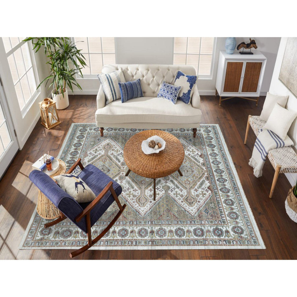 Smoky White Hand Knotted Unique Flower Rosettes Border Square Rug 13'11"x13'11"