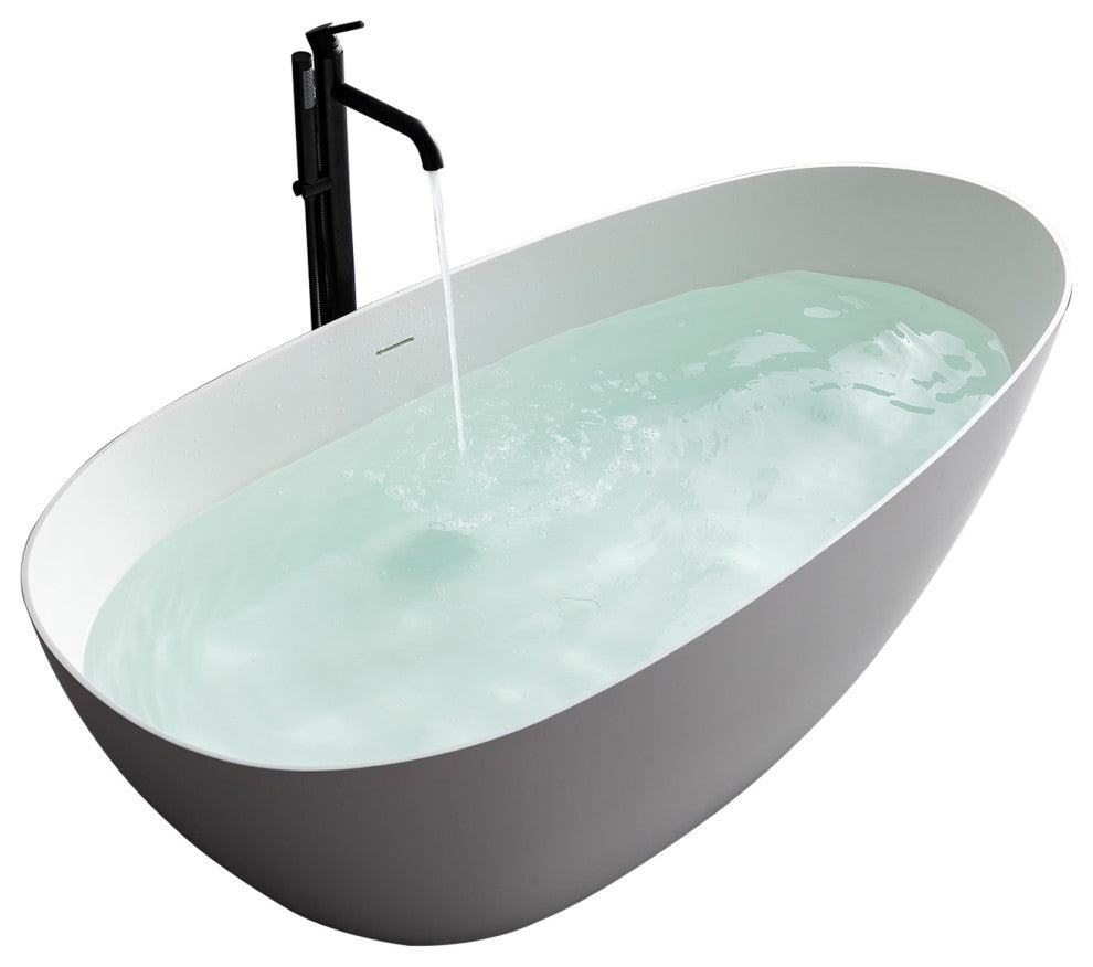 Stone Resin Solid Surface Freestanding Bathtub Soaking Tub, 59", Matte White