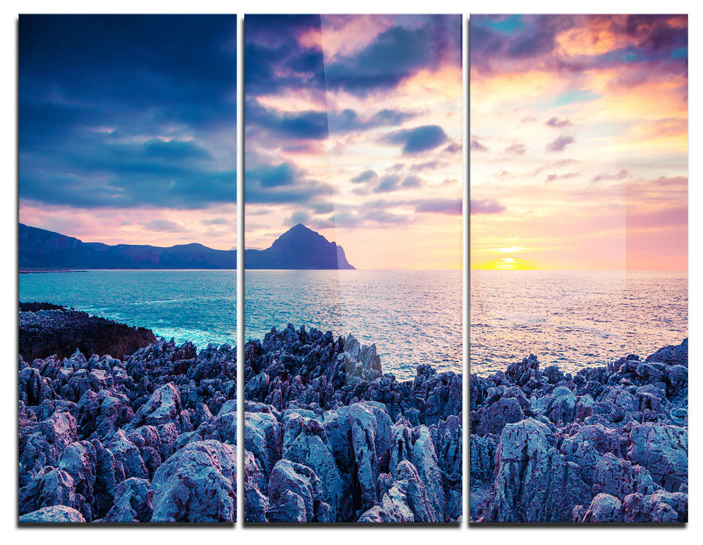 "Spring Sunset Over Monte Cofano" Photo Metal Wall Art, 3 Panels, 36"x28"