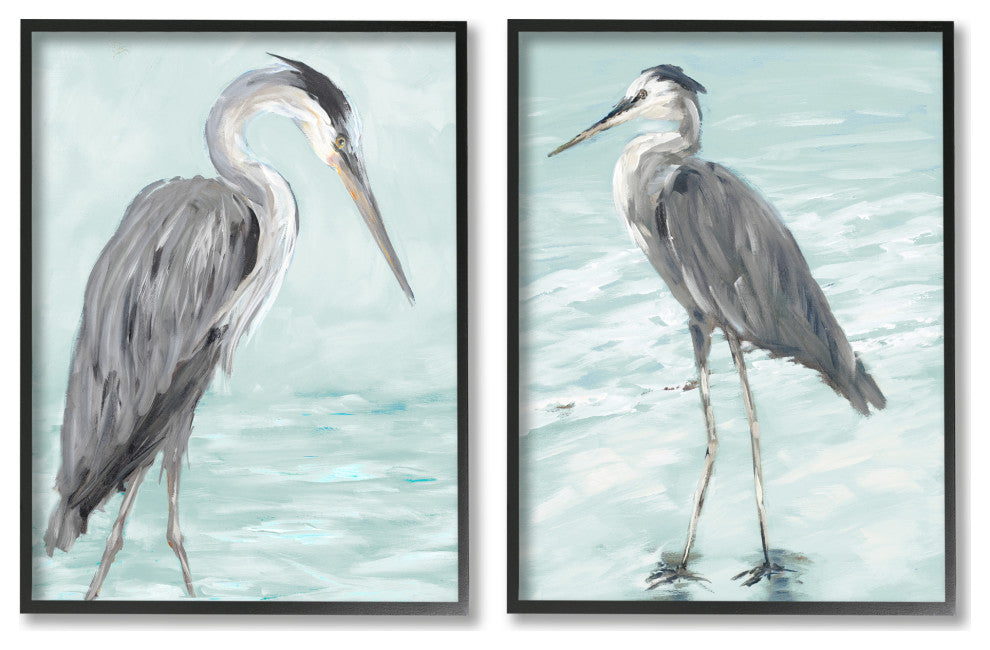 Heron Birds Standing Shallow Beach Water Coastal Waves,11 x 14