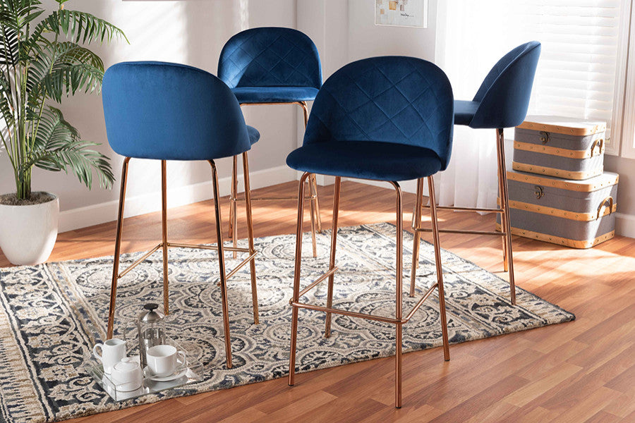 Navy Blue Velvet Fabric Upholstered and Rose Gold 4-Piece Bar Stool Set