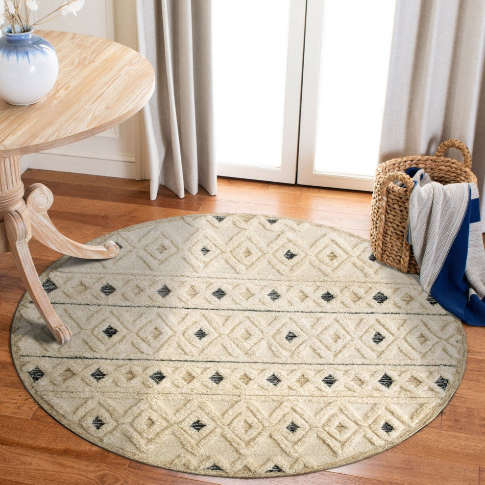 Tufted Geometric Diamonds and Stripes Round Rug, 4' Round