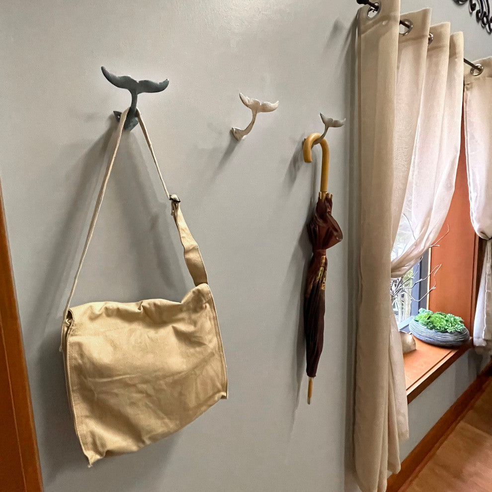 Set of 3 Cast Iron Nautical Whale Tale Wall Hooks