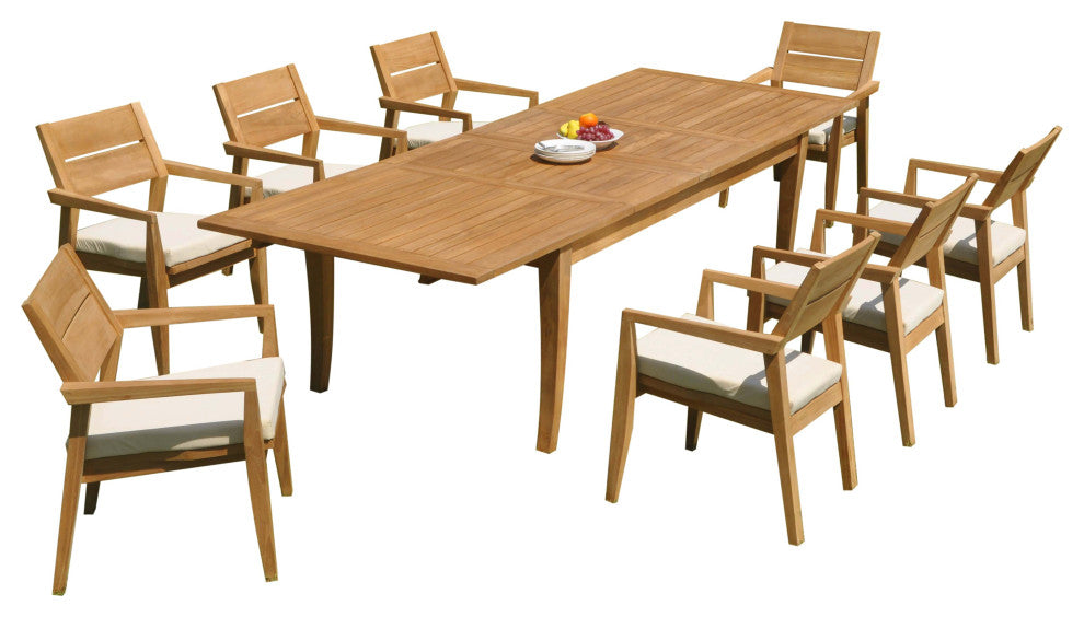 9-Piece Outdoor Teak Dining 122" X-Large Rectangle Table, 8 Celo Stacking Chairs
