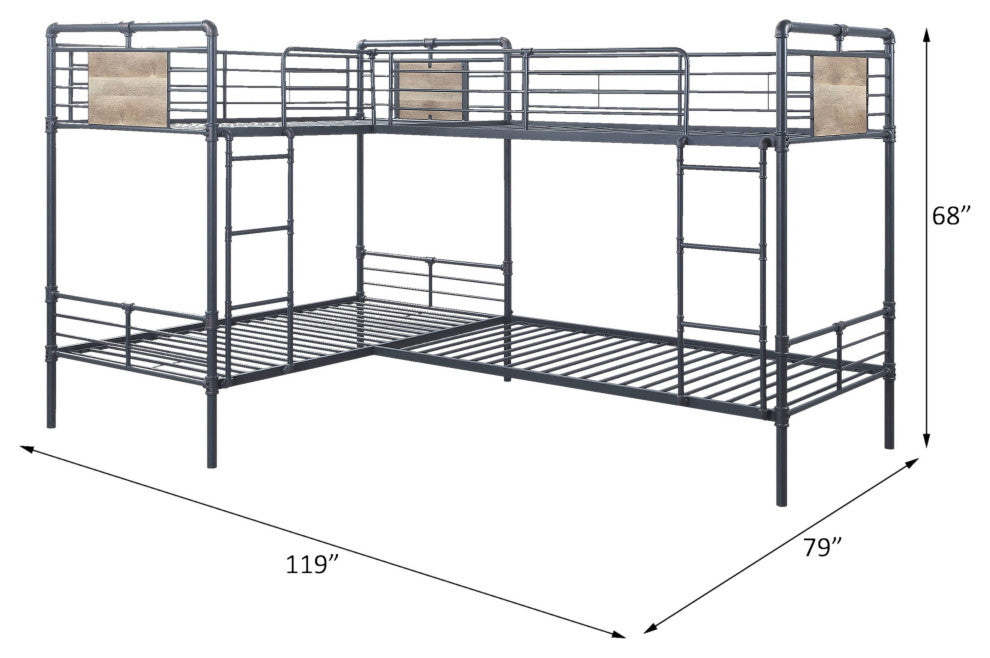 Twin/Twin L Shape Bunk Bed, SandyBlack, Dark Bronze HandBrushed Finish, Cordelia