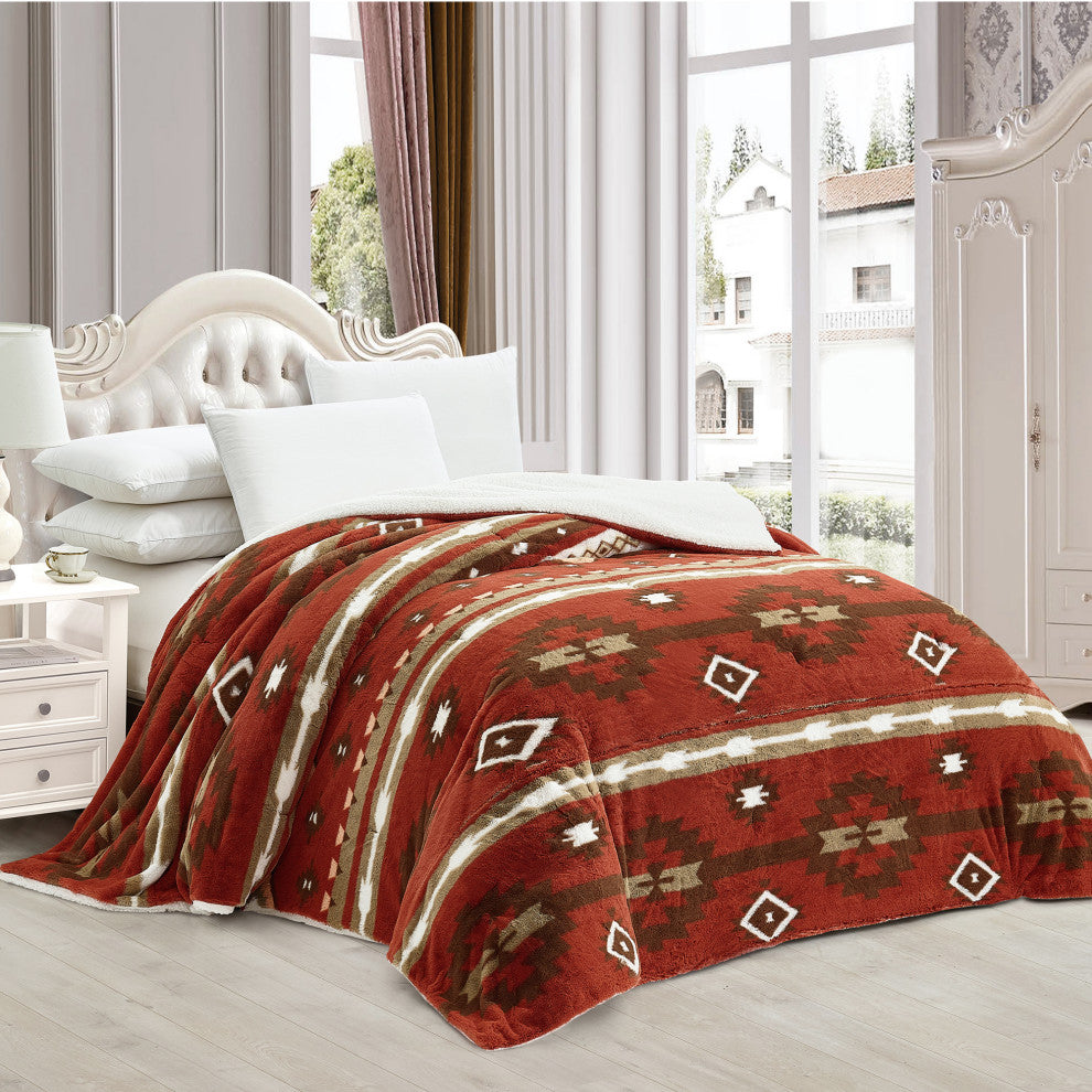 Southwest Blanket With Sherpa Backing, 90"x96", Brick Red