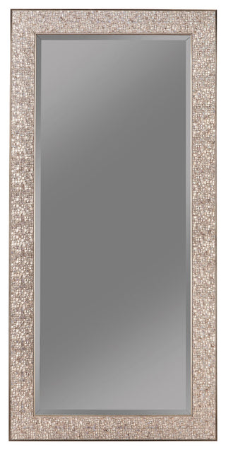 Benzara BM233237 Beveled Accent Floor Mirror With Glitter Mosaic Pattern, Silver