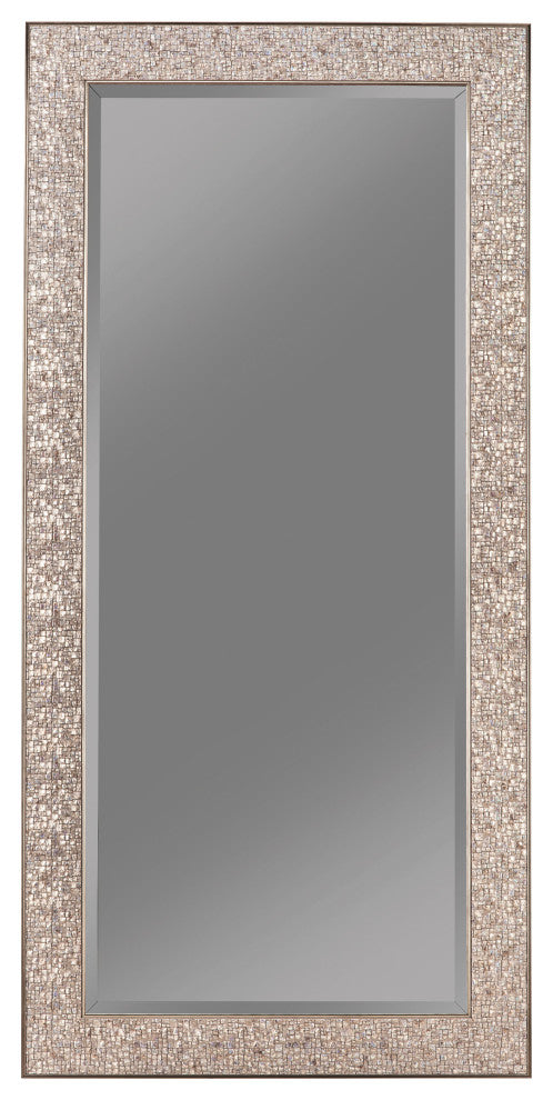 Benzara BM233237 Beveled Accent Floor Mirror With Glitter Mosaic Pattern, Silver